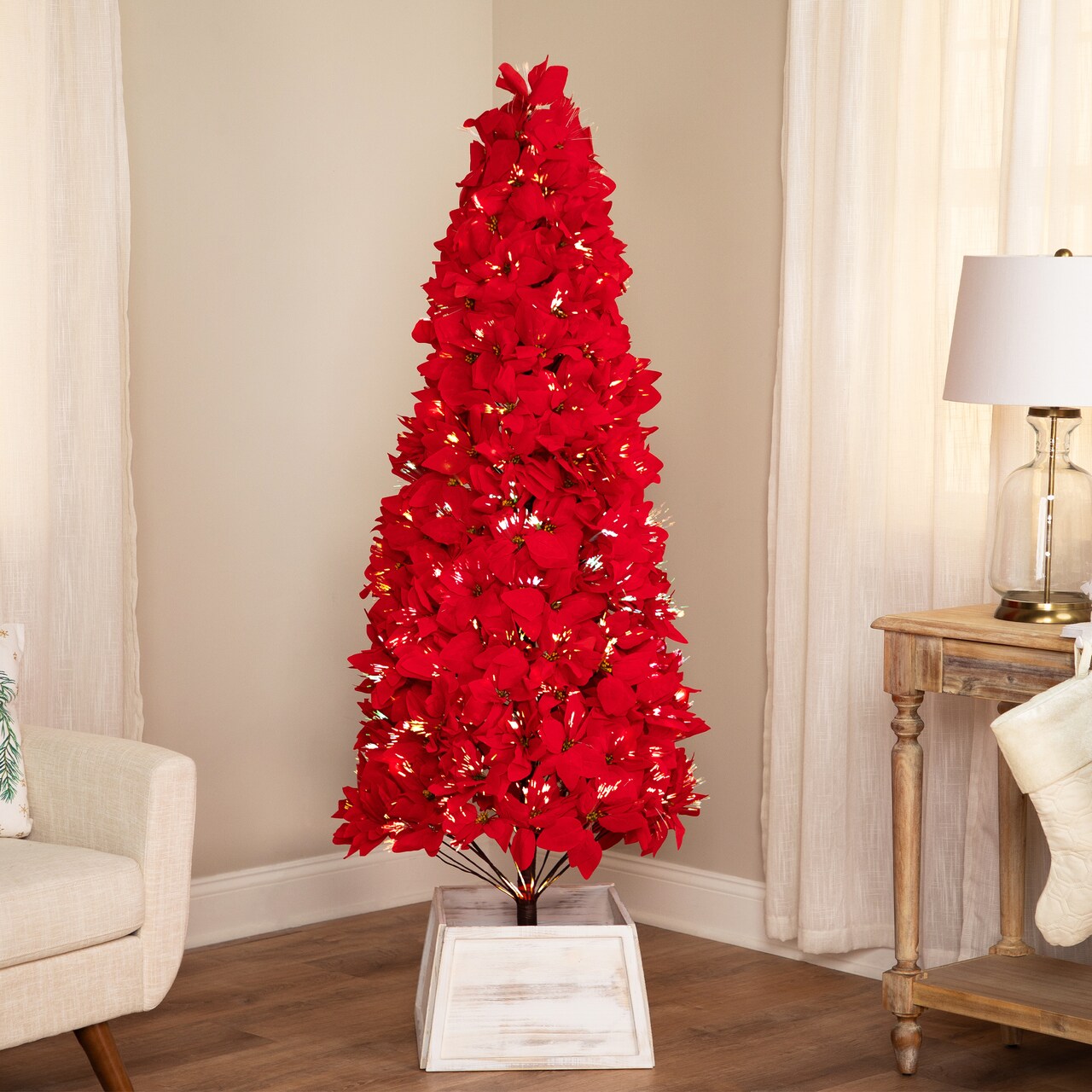 Northlight Pre-Lit Fiber Optic Color Changing Red Poinsettia Christmas Tree - 6'